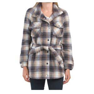 Rachel Zoe Brown Shadow Plaid Jacket Shacket Wool Blend Belted Womens sz XS NWT